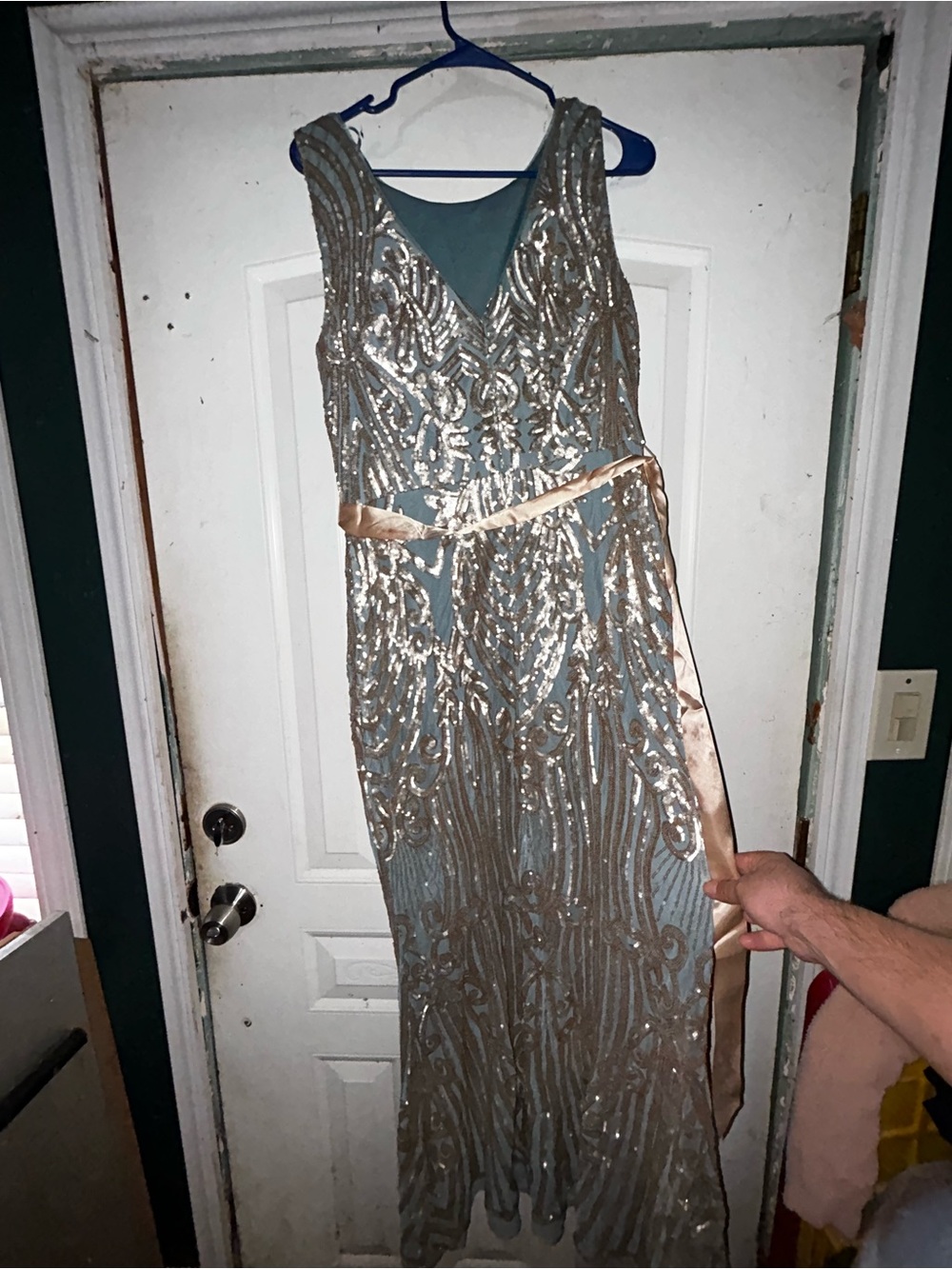 R&M Richards Teal Evening Sheath with Gold Sequin Embellishment - Picture 2 of 5